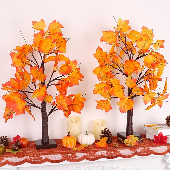 2 Pack 24 Inch Prelit Fall Maple Tree Fall Decor with 48 LEDs Timer Battery Operated Artificial Fall Light Up Tree Maple Acorn for Fall Thanksgiving Decorations Table Home Office Indoor Autumn Harvest-Ruum Studio Home