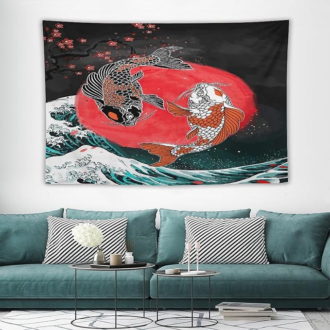 Houselerax Koi Fish Tapestries,Japanese Style Yin Yang Big Wave Cherry Blossoms Tapestry Wall Hanging for Bedroom Living Room Office Decor 90"x60"-Ruum Studio Home