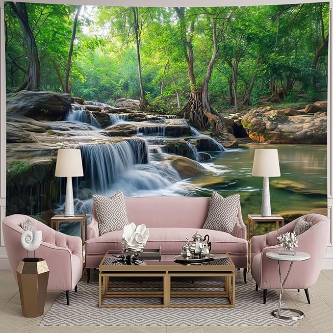 BSFHH Nature Tapestry Forest Tree Sea Cave Wall Hanging, Stream Through Rainforest Landscape Wall Art Tapestry for Bedroom Living room (Creek, 90"×70", Unframed)-Ruum Studio Home