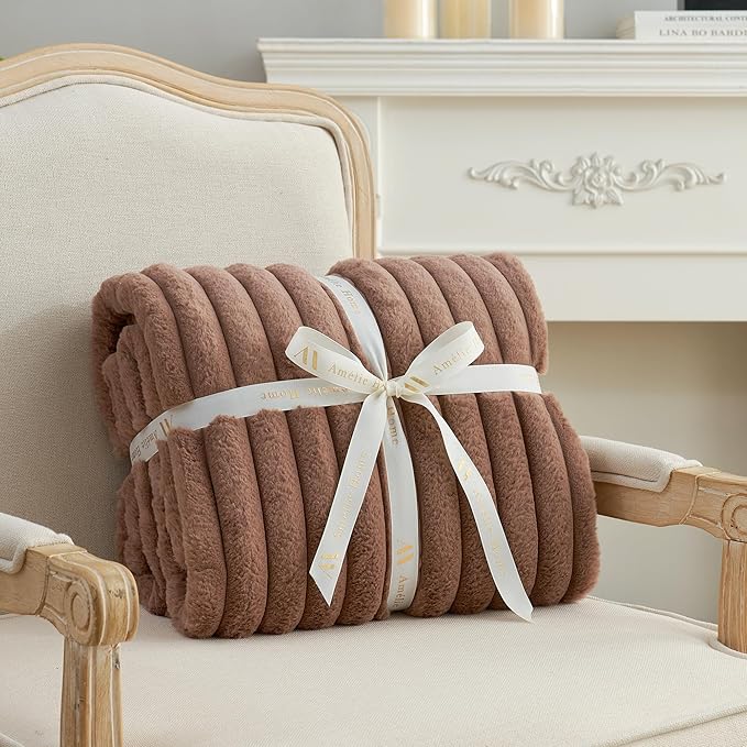 Amélie Home Faux Fur Throw Blanket for Couch, Cozy Fuzzy Fluffy Fur Luxurious Soft Striped Plush Gift Blankets for Family Sofa Chair Bed Living Room Bedroom, 55"x70", Light Coffee-Ruum Studio Home