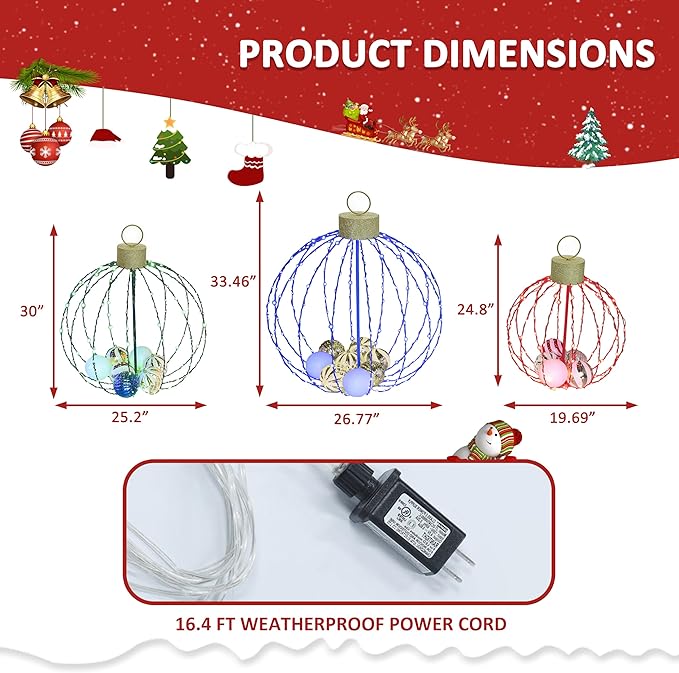 Outdoor Christmas Decorations, Set of 3 Lighted Christmas Ball Ornaments with 570 LED Lights, 6 Ground Stakes, Included 20 Small Plastic Xmas Ball Ornaments for Holiday Decor Yard-Ruum Studio Home