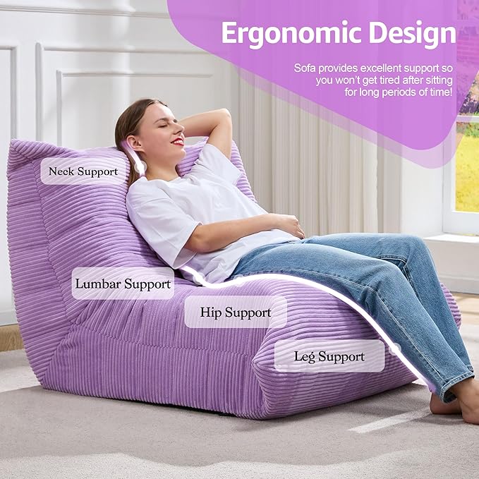 Bean Bag Chairs for Adults Giant Bean Bag Chair Memory Foam BeanBag Chair Big Bean Bag Sofa with Filler Faux Fur Fireside Beanbags Lazy Sofa for Living Room Bedroom Dorm Office (Purple Corduroy)-Ruum Studio Home