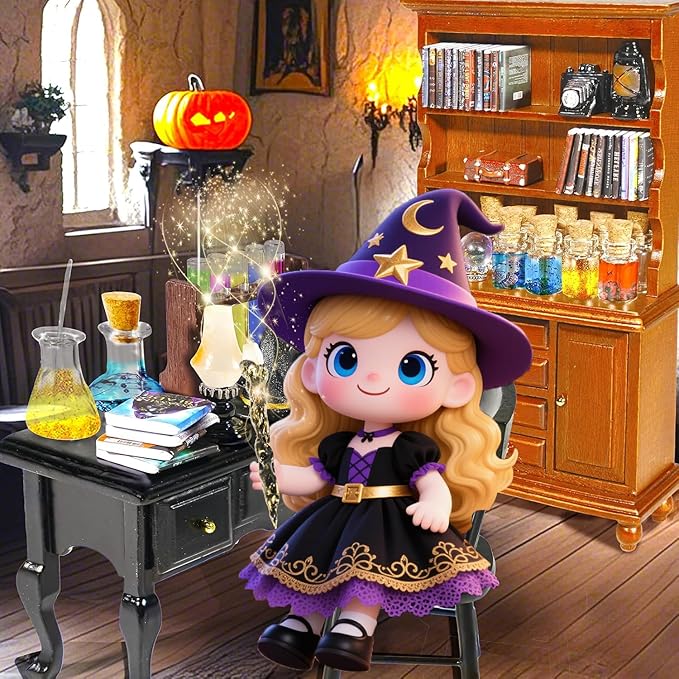 Rileryan 54 Pcs 1:12 Scale Magic Witchy House Kit Miniature Furnitures Accessories Mini Wooden Bookshelf Bookcase 30 Mini Books Desk Chair Halloween Decoration-Ruum Studio Home