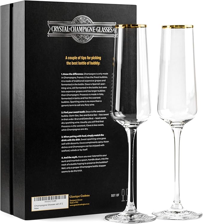 Gold Rim Champagne Gift Glasses | Set of 2 | Crystal Square Toasting Flutes for Bride and Groom, Wedding, Anniversary, Birthday | Elegant Long Stemmed Glassware for Sparkling Wine, Prosecco-Ruum Studio Home