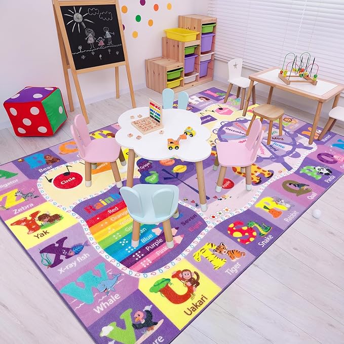 Kids Rugs for Playroom Bedroom Classroom Nursery, Non-Slip and Washable Rugs for Children Toddlers Girls, Educational and Fun Rug Carpets with ABC Alphabet Animals Shapes, 5x7, Purple-Ruum Studio Home