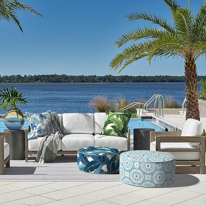 LVTXIII Inflatable Stool Ottoman Footrest with Handle, All Weather Foot Rest, Indoor or Outdoor Use for Home Patio Garden and Camping, D21 x H9, Swaying Palms Blue-Ruum Studio Home