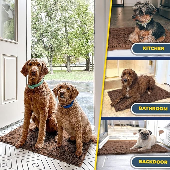Muddy Mat® 4-Piece Brown Medium 30"X19" AS-SEEN-ON-TV Highly Absorbent Microfiber Door Mat, Bath Mat and Pet Rug, Non Slip Thick Washable Soft Chenille for Kitchen Bathroom Bedroom Indoor and Outdoor-Ruum Studio Home