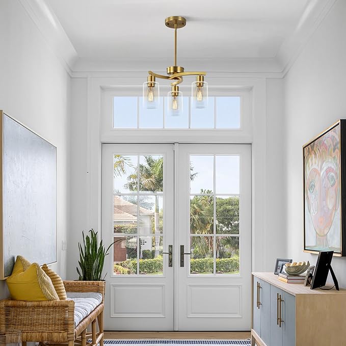 3-Light Gold Dining Room Chandeliers Over Table, Contemporary Kitchen Island Pendant Lighting, Industrial Hanging Light Fixture for Entryway Hallway Foyer Bedroom, Clear Glass Shade-Ruum Studio Home