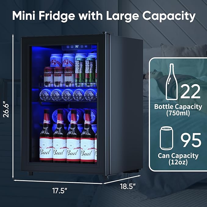 2.5 Cu.Ft Wine Fridge, Mini Fridge With Glass Door, Wine Cooler Refrigerator, Beverage Drink Beer Cooler, Adjustable Shelves & Digital Temperature Display, 22 Bottle 95 Can-Ruum Studio Home