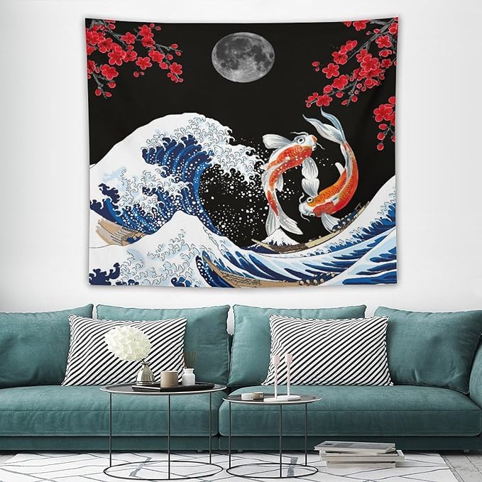 Houselerax Japanese Koi Fish Tapestry, Yin Yang Big Wave Red Cherry Blossom Tapestries Wall Hanging for Bedroom Living Room Office Decor 60"x50"-Ruum Studio Home