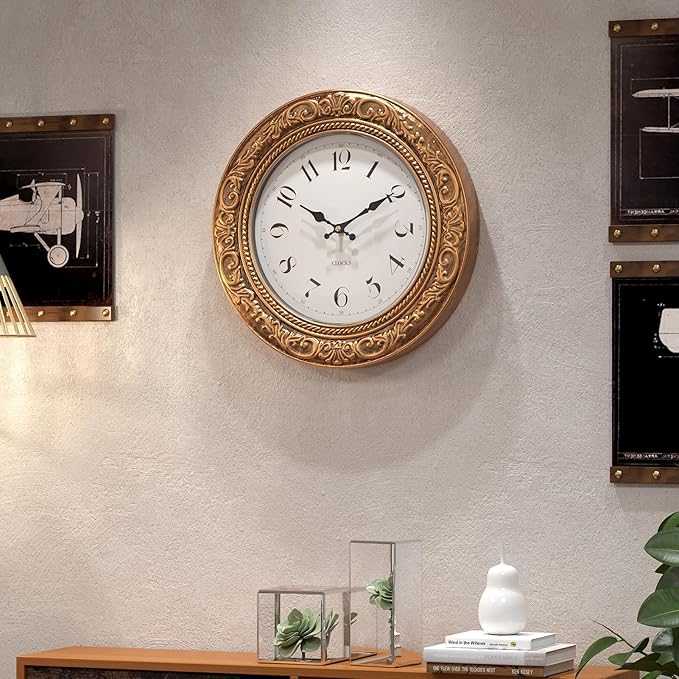Menterry European Vintage Decorative Wall Clock, 12" Antique Gold Style, Battery Operated Wall Clocks for Kitchen, Bedroom, Farmhouse, Bathroom, Offices-Ruum Studio Home