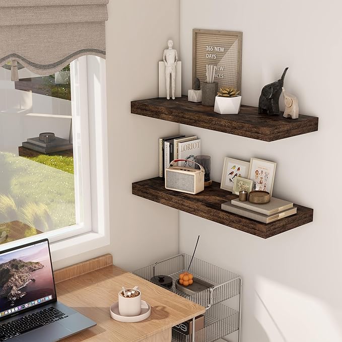 30 Inch Floating Shelves, 12 Inch Deep Floating Shelf for Wall, Rustic Deep Shelves for Books, Bathroom, Living Room, Kitchen, 30 x 12 x 2 Wood Floating Shelves, Rustic Brown Color, Set of 2-Ruum Studio Home
