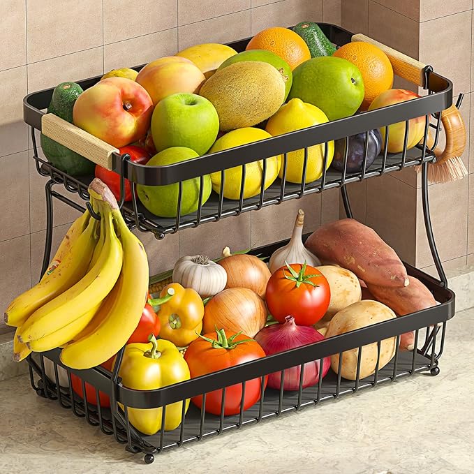 2 Tier Fruit Basket for Kitchen Counter with 2 Mobile Banana Hangers, 2025 Pro Detachable Metal Fruit Bowl with Wooden Handle, Fruit Holder for Bread Snack Veggies with Protective Mats-Ruum Studio Home