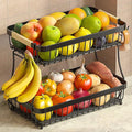 2 Tier Fruit Basket for Kitchen Counter with 2 Mobile Banana Hangers, 2025 Pro Detachable Metal Fruit Bowl with Wooden Handle, Fruit Holder for Bread Snack Veggies with Protective Mats-Ruum Studio Home