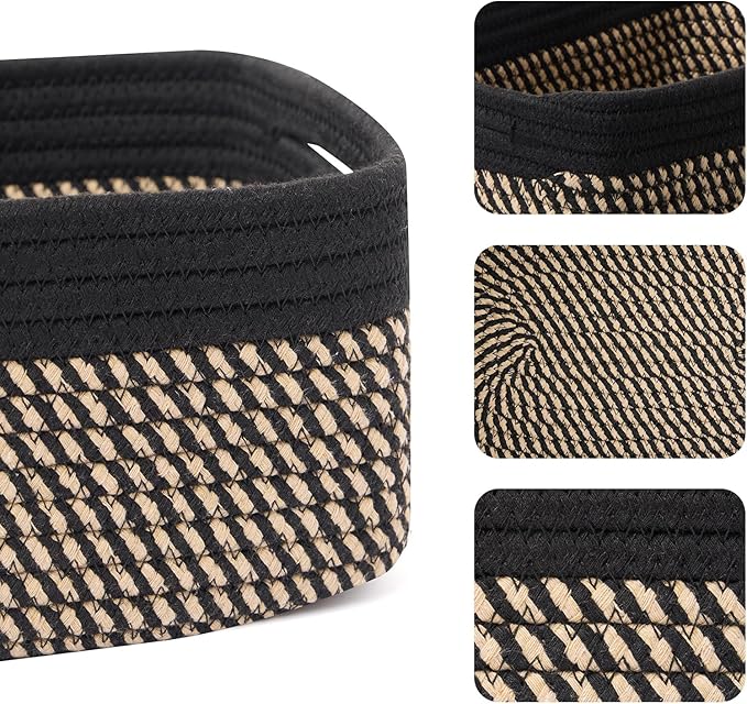 Small Storage Baskets for Organizing | Closet Organizer Bins | Shelf Toy Basket | Woven Rope Baskets | Cube Decorative Box | Shallow Basket | 13x8.5x5.1” | 3 Packs Black Brown-Ruum Studio Home