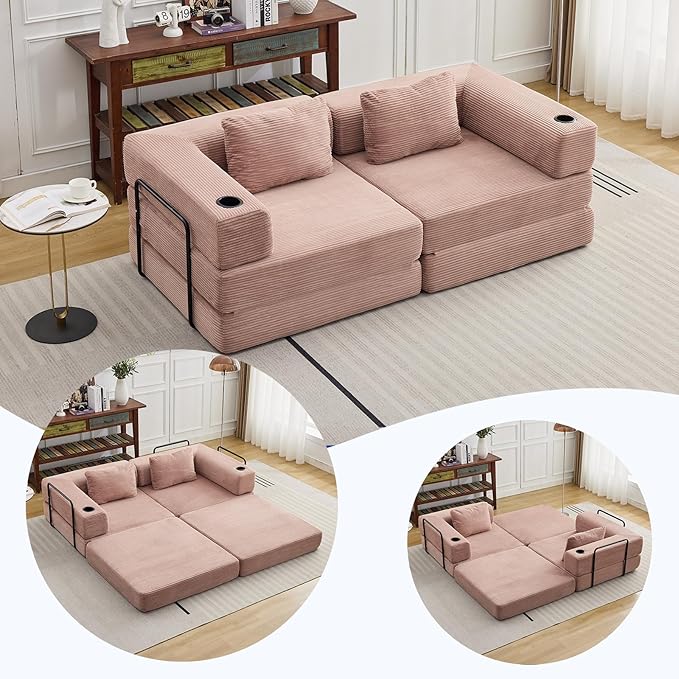 78" W Loveseat Sofa, 4 in 1 Convertible Floor Sofa Bed, Boneless Cloud Couch with Cup Holder, Fold Out Floor Couch, Loveseat Recliner Sleeper for Living Room Bedroom Lounge(Corduroy, White)-Ruum Studio Home