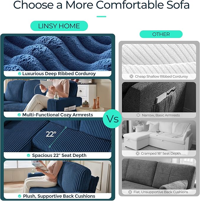 LINSY HOME Loveseat Sofa with Pull Out Couch Chaise: 2-in-1 Convertible 2 Seater Sofa with USB Charging & Cup Holders, Comfy Plush Corduroy Love Seat for Small Spaces Living Room Apartment, Blue-Ruum Studio Home