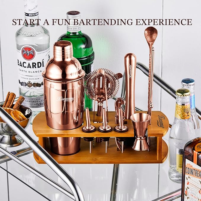 KITESSENSU Cocktail Shaker Set Bartender Kit with Stand - Drink Mixer Bar Set with All Essential Bar Accessory Tools - Martini Shaker Jigger Strainer Mixer Spoon Muddler Liquor Pourers - Rose Gold-Ruum Studio Home