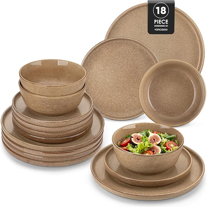 vancasso ANYA 18 Pieces Plates and Bowls Set, Caramel Dinnerware Sets, Reactive Glaze Dishes Set for 6, Ceramic Dishware Sets Kitchen Dinner Set, Microwave & Dishwasher Safe-Ruum Studio Home