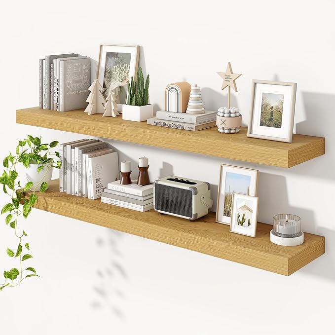Heimlove 55 Inch Floating Shelves for Wall,10 Deep Large Rustic Wall Shelf with Heavy Duty Brackets,Mounted Storage & Display Shelves for Bedroom,Living Room,Kitchen,Office,Set of 2,Oak Color-Ruum Studio Home