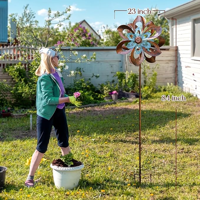Garden Wind Spinner,Flower Wind Spinner,Outdoor Metal Wind Sculpture & Spinner Large 23 inch Dia 84 inch Height Kinetic Windmill for Garden Yard-Ruum Studio Home