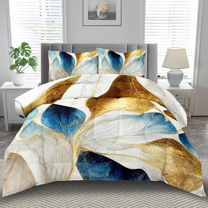 Vintage Floral Comforter Set King Size Women,Marble Flower Bedding Set King,Marble Blue Flower Bed Comforter,Blue and Gold Floral Quilt Bedroom Decor for Kids and Adults-Ruum Studio Home