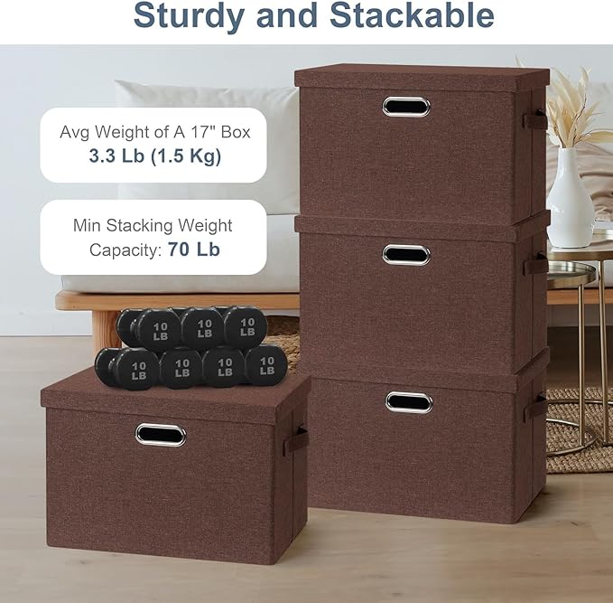 Large 17" 36 Quart Collapsible Stackable Storage Bins with Lids, 3 Packs Dark red Foldable Fabric Closet Storage Boxes with Lids, Heavy-duty Linen Cube Baskets(17x12x11)-Ruum Studio Home
