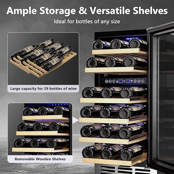 15 Inch Dual Zone Wine Refrigerator, 29 Bottle Under Counter Wine Fridge, Wine Refrigerator for Built-In or Freestanding, Wine Cooler with Removable Shelves, Double-Layer Glass Door, for Home-Ruum Studio Home