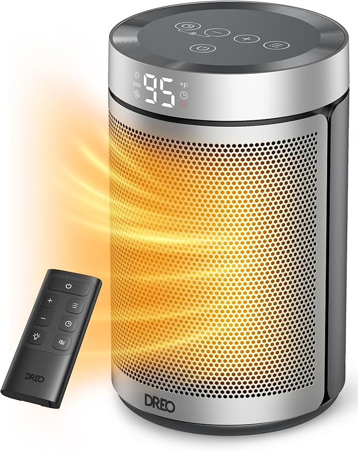 Dreo Space Heater, Portable Electric Heaters for Indoor Use with Thermostat, 1-12H Timer, Eco and Fan Mode, 1500W PTC Ceramic Safety Heat for Office Bedroom Home, With Remote, Silver-Ruum Studio Home