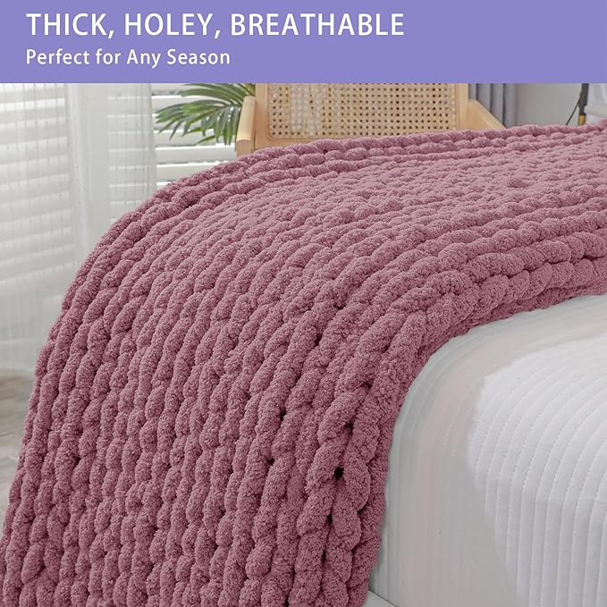 Bigacogo Chunky Knit Throw Blanket for Couch, 40x60 inches, 100% Hand Knitted with Thick Jumbo Chenille Yarn, Cozy Soft Large Rope Knot Cable Crochet Blankets for Sofa Bed Living Room, Burnt Rose-Ruum Studio Home