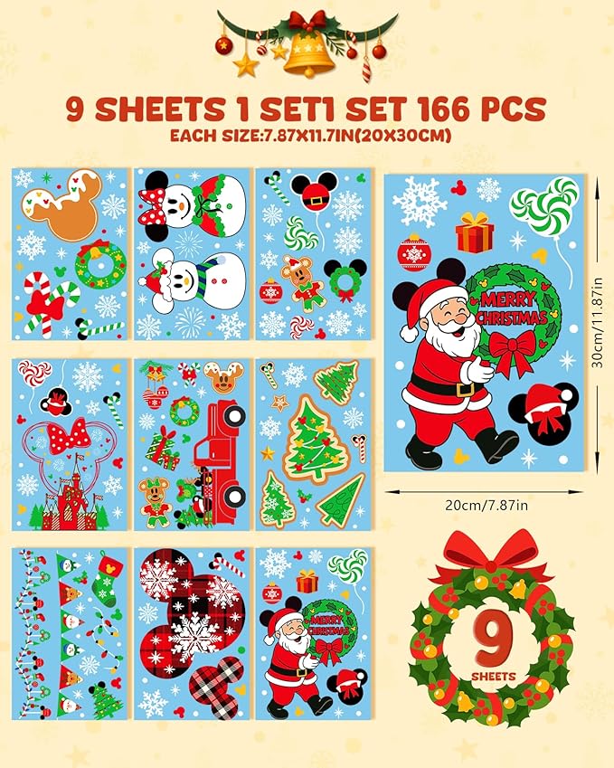 Christmas Window Clings - 9 Sheets 166 Pcs Cute Xmas Decorations for Winter Holiday Home Party, Santa Snowman Tree Snowflake Gingerbread Stickers for Glass, Double-Sided Static Window Decals-Ruum Studio Home