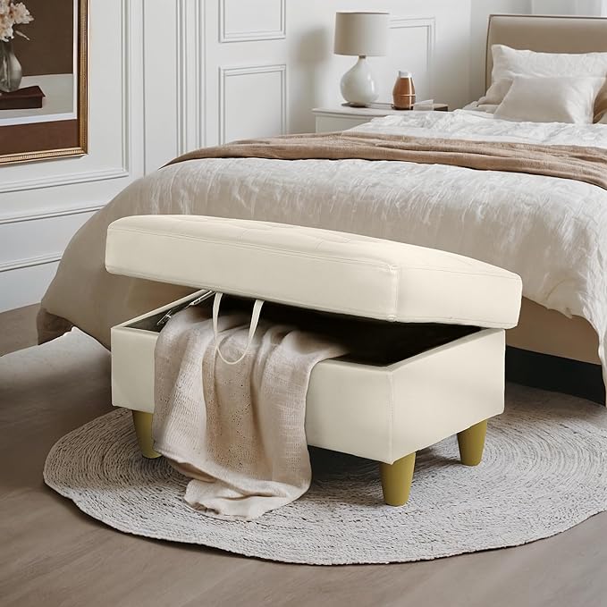 Ottoman Rectangular Storage Ottoman Bench, Faux Leather Footrest, Coffee Table, Stool Footstool with Hinged Lid for Living Room, Bedroom, Entryway, White, 35"x23.5"x17.5"-Ruum Studio Home