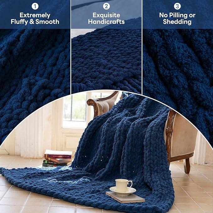 Chunky Knit Blanket - Luxury Soft Cozy 60 * 80 Throw Blanket,100% Woven Blanket Rope Knot Throw Blanket for Couch, Sofa, Home Decor, Gift - Machine Washable（Deep Blue）-Ruum Studio Home