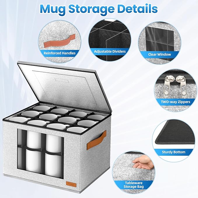 2-Layer Coffee Mug Storage Box with Dividers, Cup Storage Organizer with Zipper Lid and Handles, Stackable China Storage Containers Service for 24 Mugs, Cups and Glasses, Light Grey-Ruum Studio Home
