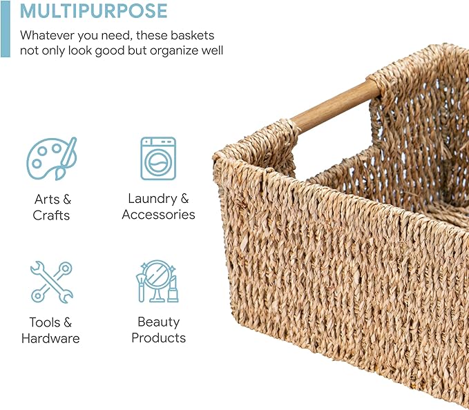 Large Natural Wicker Basket Rectangular with Wooden Handles, Seagrass Storage for Organizing, Shelves 15.5 x 10.6 x 5.5 inches-Ruum Studio Home