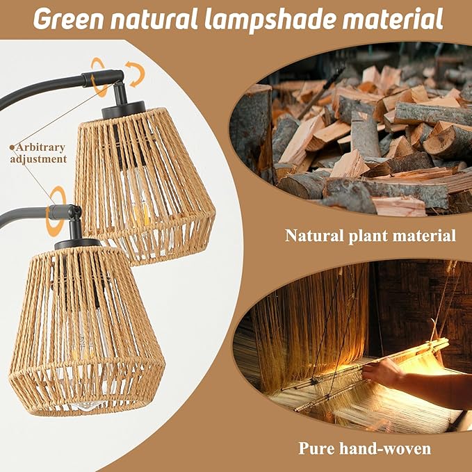 Rattan Floor Lamp for Living Room, 72 Inch Tall Boho Floor Lamp with Rotary Switch, 3 Light Arc lamp with Wicker Shade for Coastal,Bohemian,Rustic,Beach Tree,Farmhouse Standing Lamp-Ruum Studio Home