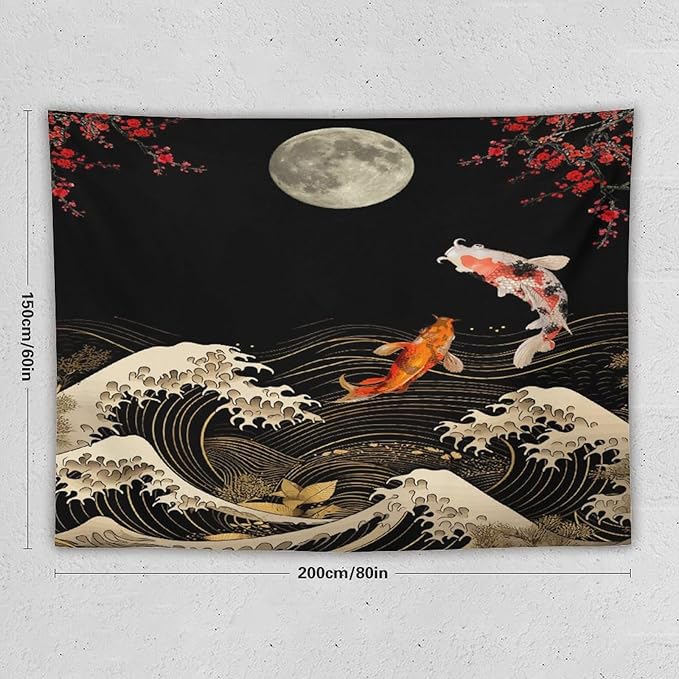 Houselerax Koi Fish Tapestry, Japanese Style Yin Yang Big Wave Cherry Blossom Tapestries Wall Hanging for Bedroom Living Room Office Decor 80"x60"-Ruum Studio Home