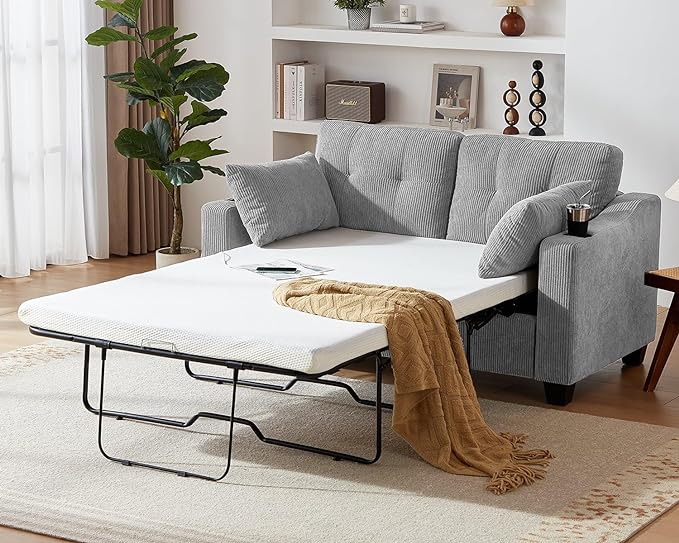 CHIC HOUSE Pull Out Sofa Bed, Full Size Sleeper Sofa, 2-in-1 Convertible Corduroy Couch with USB Charging, Memory Form Couch for Living Room, Apartment and Small Space (Grey, Corduroy - Full Size)-Ruum Studio Home