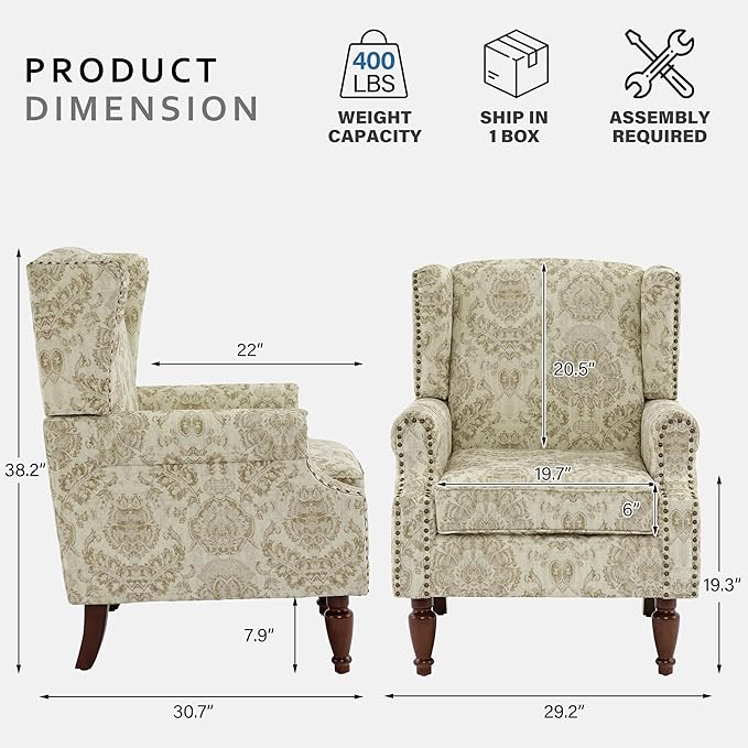 Lumibee Wingback Accent Chair,High Back Floral Armchairs in Fabric,Comfy Upholstered Reading Single Sofa Chair with Solid Wood Legs for Living Room,Bedroom,Office-White-Ruum Studio Home