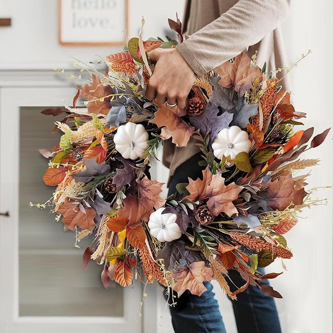 WANNA-CUL 24 Inch Fall Wreath for Front Door with White Pumpkins,Grains, Maple Leaves-Fall Decoration for Home-Large Fall Decor Door Wreath for Autumn,Harvest or Halloween-Ruum Studio Home