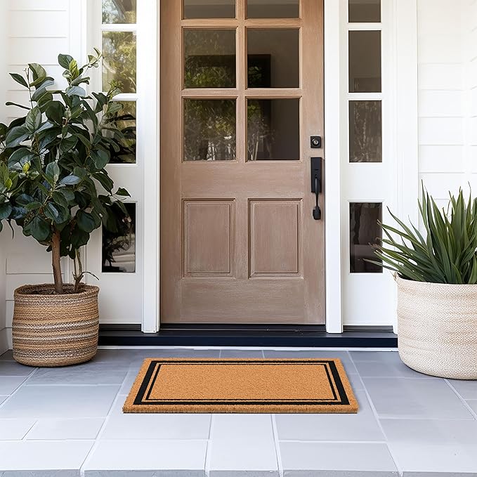 Barnyard Designs Natural Coco Coir Heavy Duty Backing Doormat - Large Cute Non-Slip Front Door Welcome Mat for Outside Entrance or Porch Entry, Brown (17x30, Border)-Ruum Studio Home