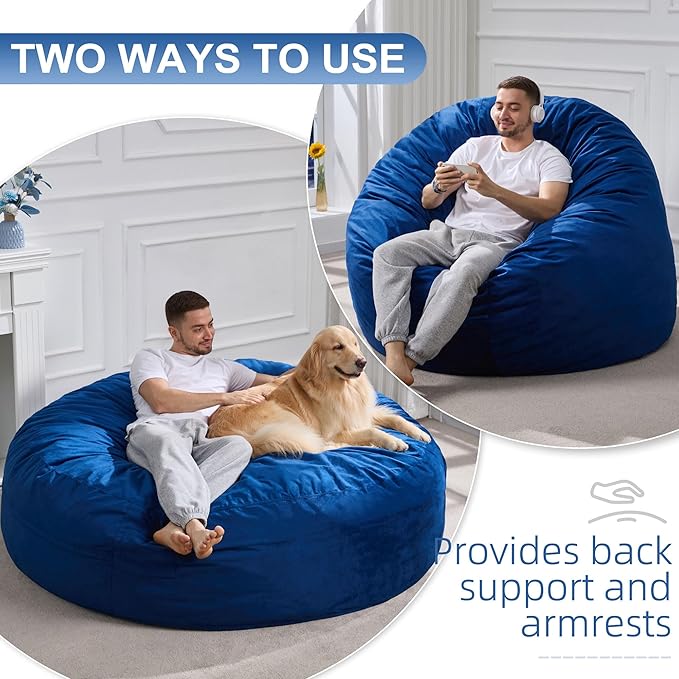 Hobestluk 6FT Bean Bag Chair Bean Bag Chairs for Adults Giant Bean Chairs with Velvet Cover, Memory Foam BeanBag Chair Fluffy BeanBag Chairs for Living Room, Bedroom- Blue (70" x 70" x 15")-Ruum Studio Home