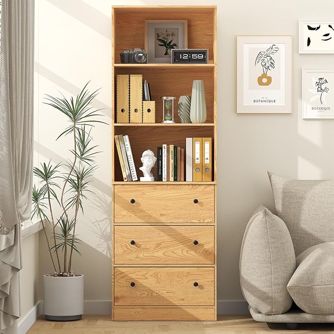 71" Tall Bookshelf with Storage, Bookcase with Drawers, Farmhouse Wooden Corner Book Shelves, Mid Century Modern Book Shelf Wall Standing Home Decor Furniture for Living Room, Bedroom, Office, Kitchen-Ruum Studio Home