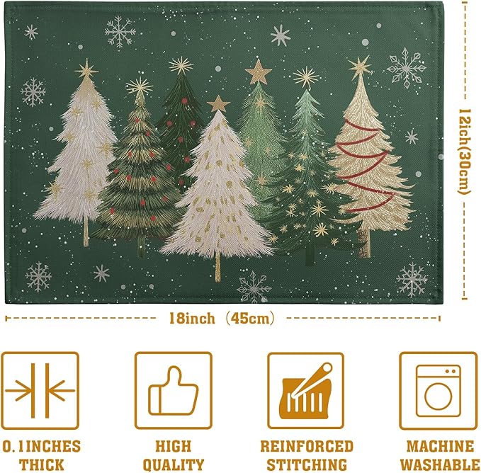 Green Christmas Tree Placemats Set of 4, 12x18 Inch Xmas Trees Snowflakes Winter Holiday Place Mats Seasonal Washable Linen Table Mats for Indoor Outdoor Kitchen Dining Party Décor-Ruum Studio Home