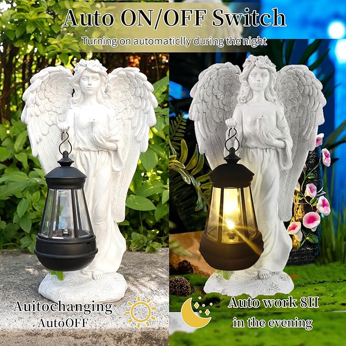 Solar Angel Garden Statue, Angel Figurine Outdoor Decor with Warm White Solar Lantern Garden Angel Figurine Outdoor Statue Waterproof Angel Sculpture Lawn Yard Art Patio Ornament Housewarming Gift-Ruum Studio Home