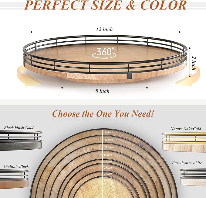 12" Lazy Susan Oak Wood Turntable Organizer for Cabinet, Farmhouse Round Wooden Lazy Susan Organization and Storage for Dining Table, Pantry, Kitchen, Bathroom, Countertop, Cupboard, Home Decor-Ruum Studio Home