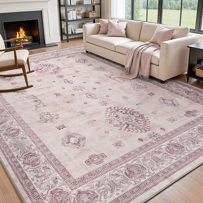 AMOAMI-Vintage Area Rug 8X10 Pink Rugs for Living Room-Soft Living Room Rug Non Slip Rugs for Bedroom Carpet Machine Washable Rug for Dining Room Bedside Office Room Decor-Ruum Studio Home