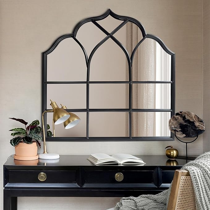 Window Mirror Pane, Black Metal Frame, Cathedral Arched Wall Mirrors Decorative Over Fireplace Mantel, Farmhouse Decorations for Dining Living Room Hallway Entryway-Ruum Studio Home