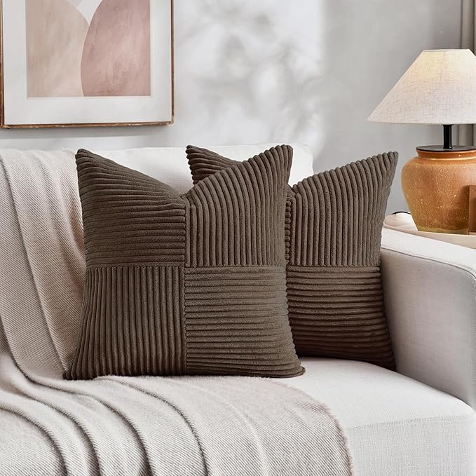 Fancy Homi 2 Packs Dark Brown Big Decorative Throw Pillow Covers 24x24 Inch for Living Room Couch Bed, Farmhouse Boho Home Decor, Soft Corss Corduroy Patchwork Accent Square Cushion Case 60x60 cm-Ruum Studio Home