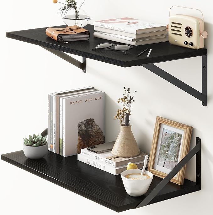 Deep Floating Shelves, 12 Inch Deep Floating Shelves for Wall, 24"W x 12"D Wall Shelves for Books, Rustic Black Wooden Shelves, Large Wide Display Shelf for Bathroom, Living Room, Bedroom, Set of 2-Ruum Studio Home